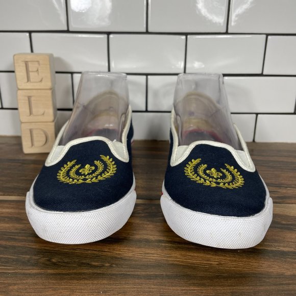 Talbots Women's Size 7.5 Shoes Blue Canvas Gold Crested Slip On Comfort Flats - Picture 2 of 14